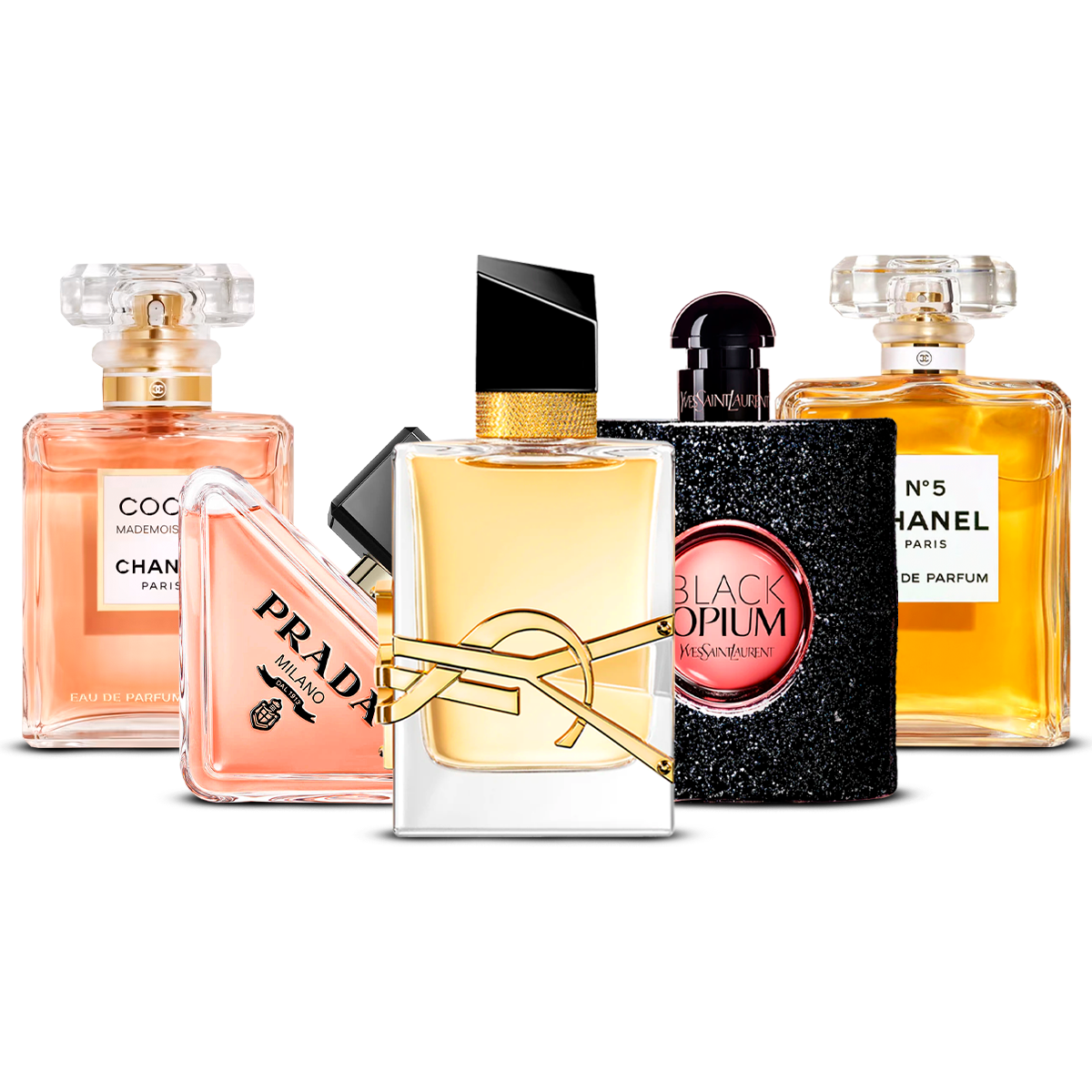 Set di 5 Profumi – Coco Mademoiselle, Prada Paradoxe, Libre, Black Opium e Chanel N°5 [100 ml ciascuno]