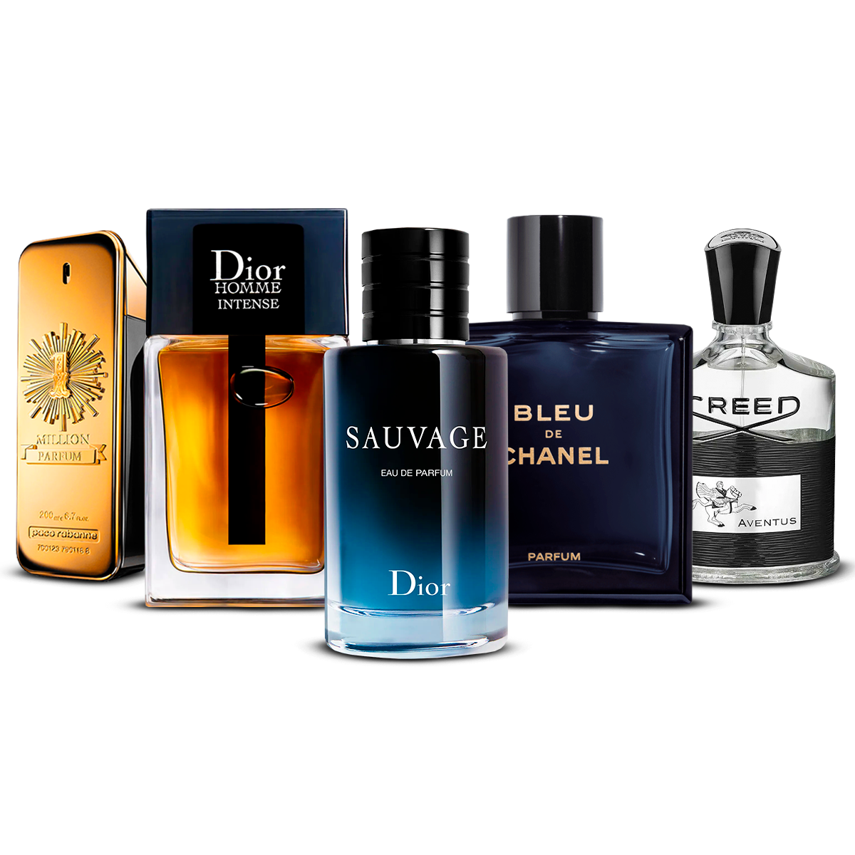 Set di 5 Profumi – 1 Million, Dior Homme Intense, Sauvage, Bleu de Chanel e Creed Aventus [100 ml ciascuno]