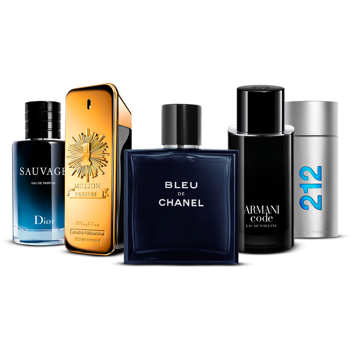 Set di 5 Profumi – Sauvage, 1 Million, Bleu de Chanel, Armani Code e 212 Men [100 ml ciascuno]