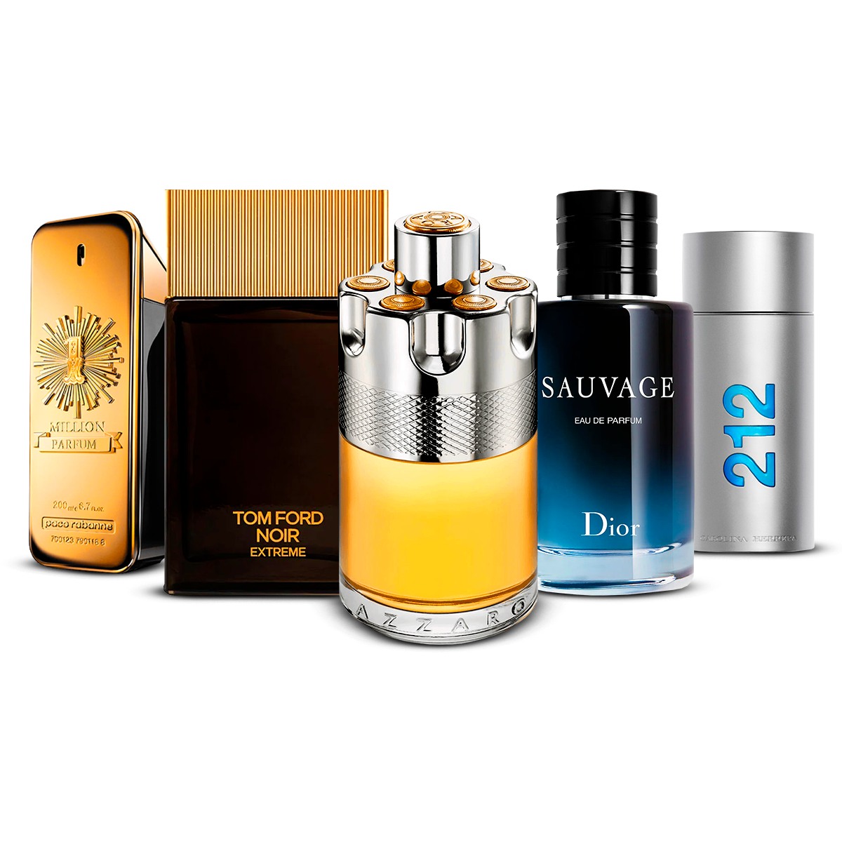 Set di 5 Profumi – 1 Million, Tom Ford Noir Extrême, Azzaro Wanted, Sauvage e 212 Men [100 ml ciascuno]