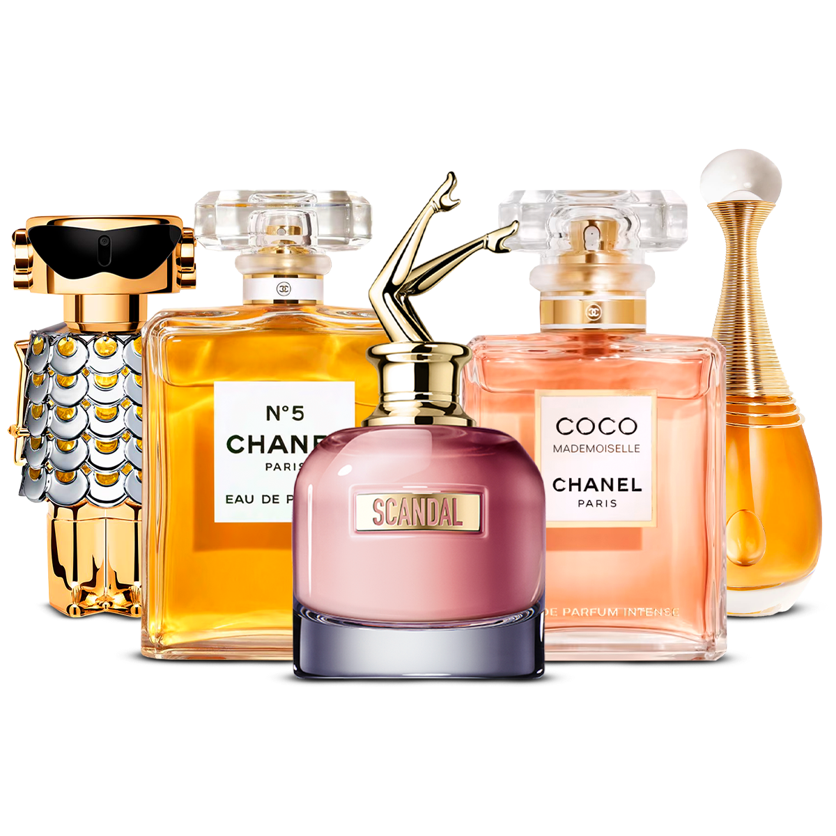 Set di 5 Profumi – Fame, Chanel Nº5, Scandal, Coco Mademoiselle e J'adore [100 ml ciascuno]