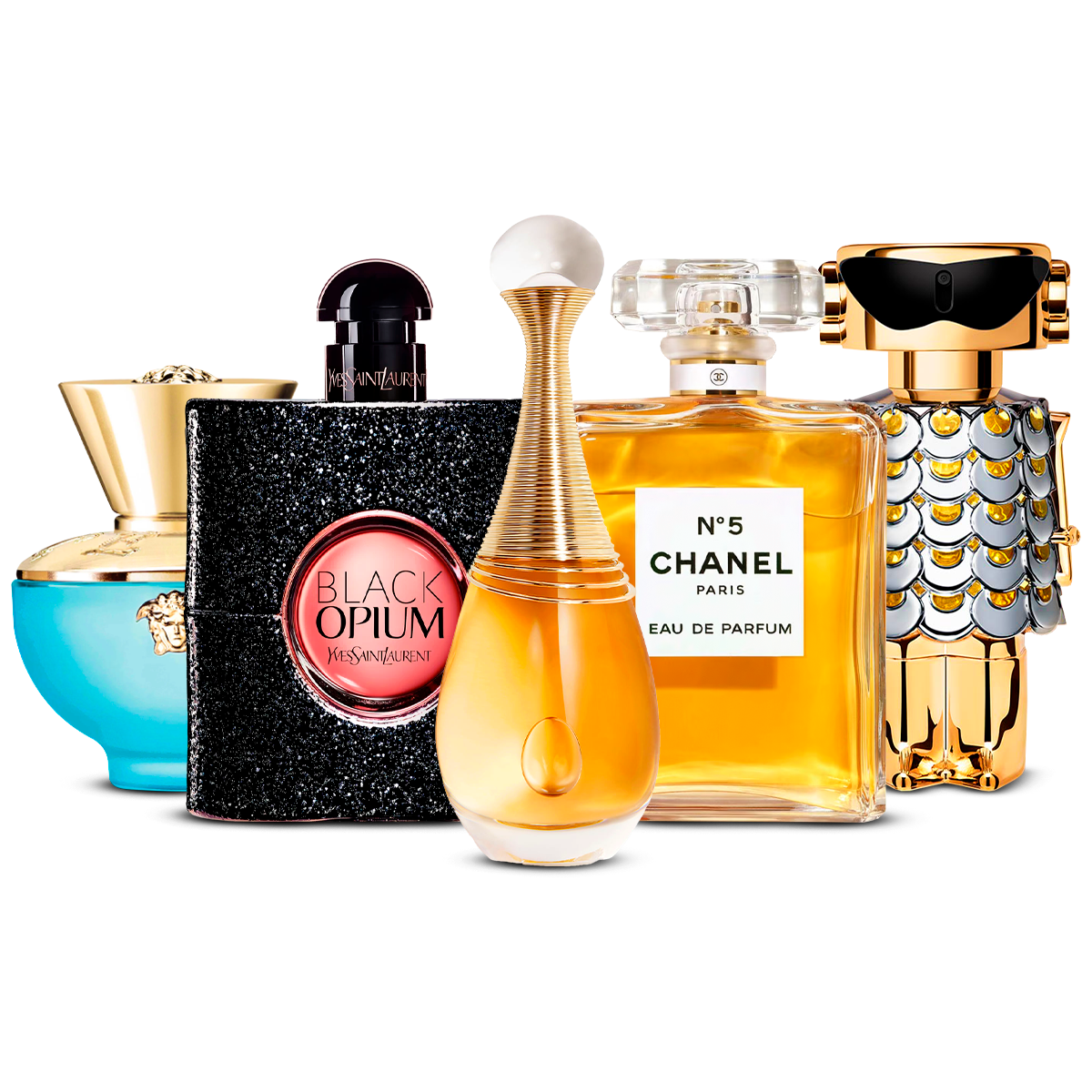 Set di 5 Profumi – Versace Dylan Turquoise, Black Opium, J'adore, Chanel Nº5 e Fame [100 ml ciascuno]
