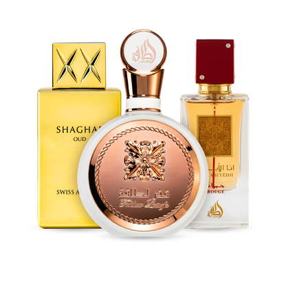 Set di 3 Profumi | Fakhar Rose + Ana Abiyedh Rouge + Swiss Arabian Shaghaf Oud 100 ml