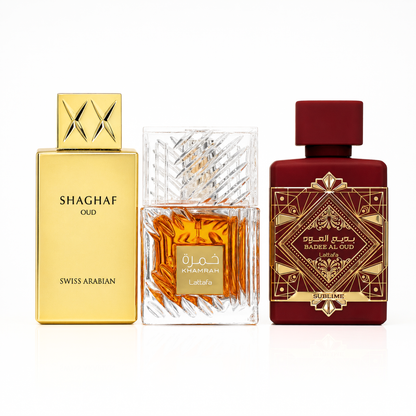 Set di 3 Profumi | Khamrah + Bade'e Al Oud Sublime + Swiss Arabian Shaghaf Oud 100 ml
