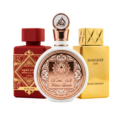 Set di 3 Profumi | Lattafa Sublime + Khamrah + Swiss Arabian Shaghaf Oud 100 ml